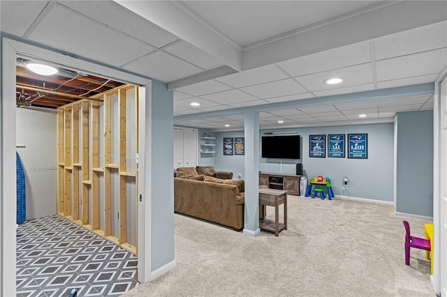 game room featuring a paneled ceiling and carpet floors