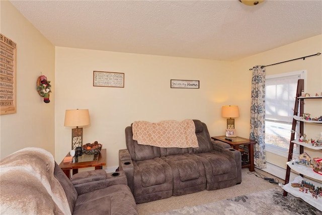 carpeted living room featuring a textured ceiling