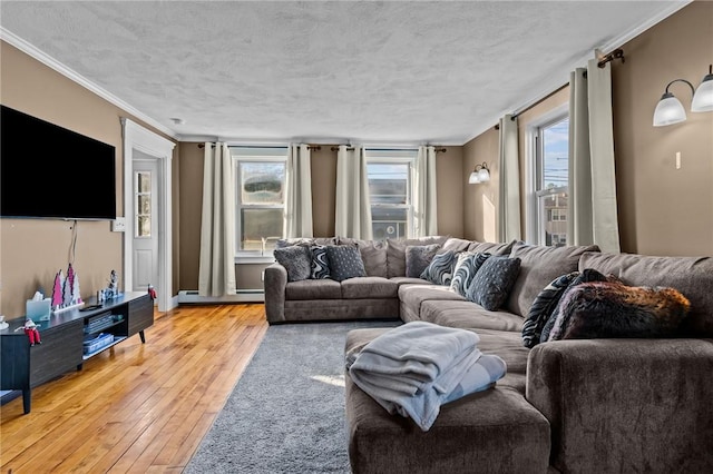 living room featuring a textured ceiling, a baseboard radiator, light hardwood / wood-style flooring, and crown molding