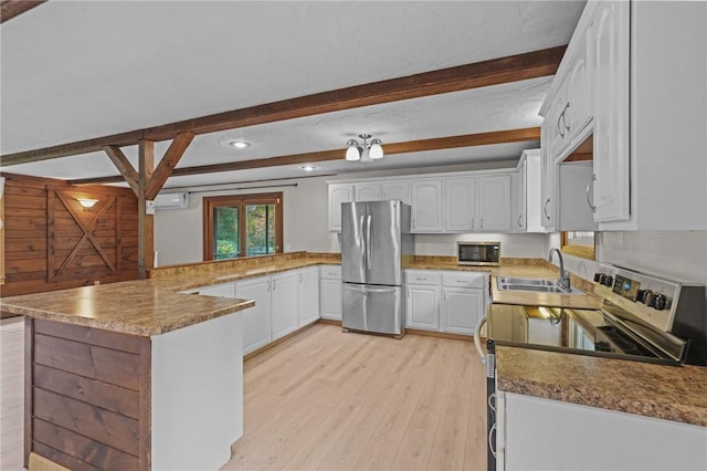 kitchen featuring sink, stainless steel appliances, beamed ceiling, kitchen peninsula, and white cabinets