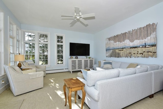 living room featuring ceiling fan and a baseboard heating unit