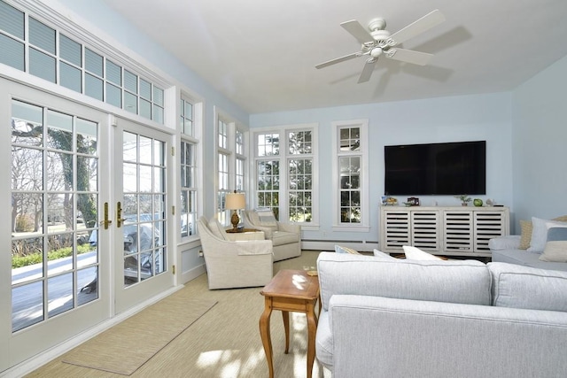 sunroom featuring a healthy amount of sunlight, ceiling fan, french doors, and a baseboard radiator