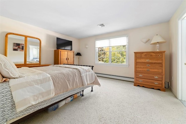 bedroom featuring baseboard heating and light colored carpet