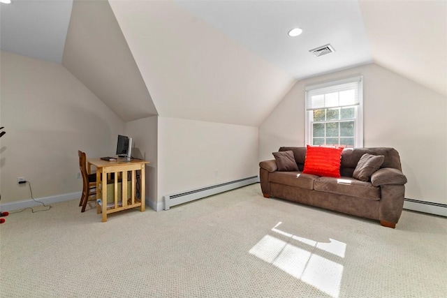 carpeted living room featuring baseboard heating and lofted ceiling