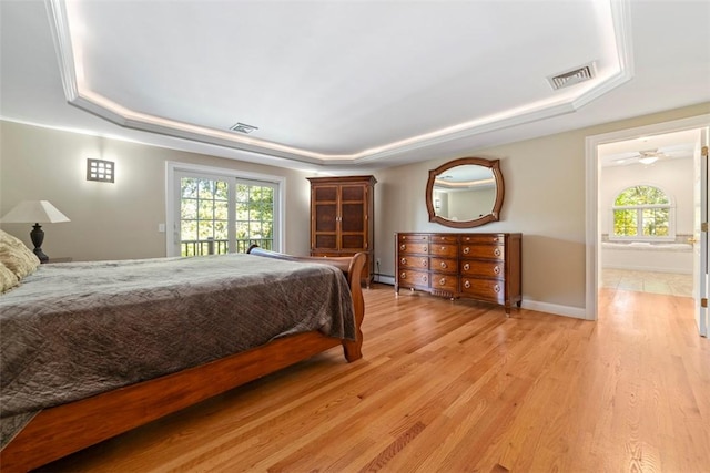 bedroom featuring a raised ceiling, light hardwood / wood-style flooring, and multiple windows