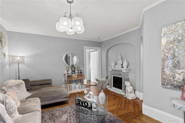 living room featuring crown molding, parquet floors, and an inviting chandelier