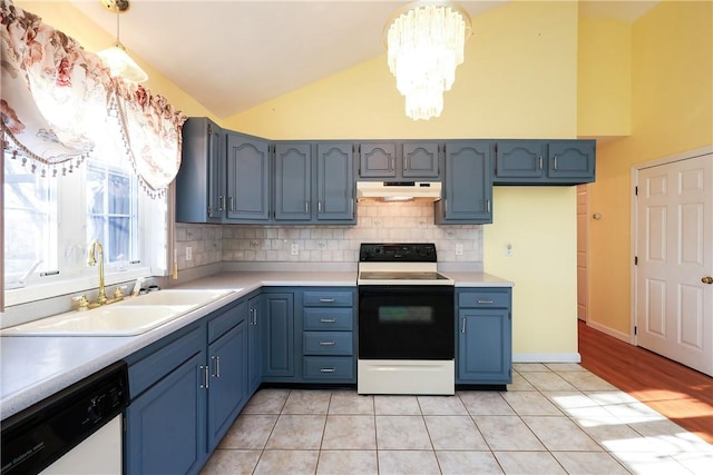 kitchen with white appliances, vaulted ceiling, sink, decorative light fixtures, and an inviting chandelier