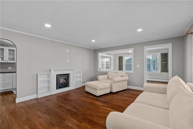 living room featuring crown molding, dark hardwood / wood-style floors, and a baseboard heating unit