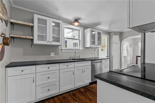 kitchen featuring dishwasher, crown molding, sink, dark hardwood / wood-style flooring, and white cabinetry