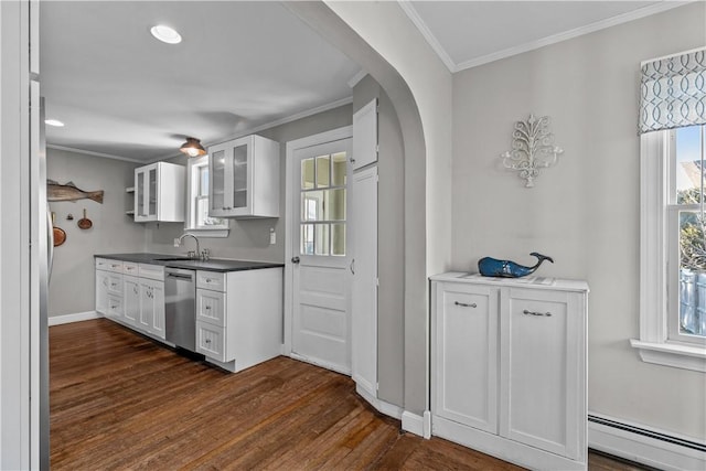 kitchen with white cabinets, a baseboard radiator, dark wood-type flooring, and dishwasher