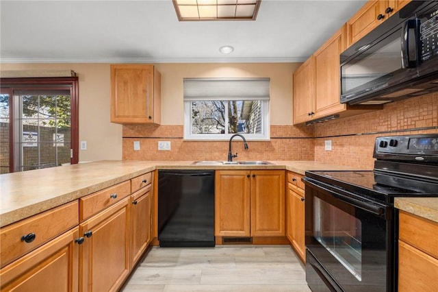 kitchen featuring sink, ornamental molding, black appliances, light hardwood / wood-style floors, and decorative backsplash