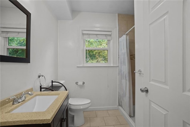 bathroom with tile patterned flooring, vanity, toilet, and walk in shower