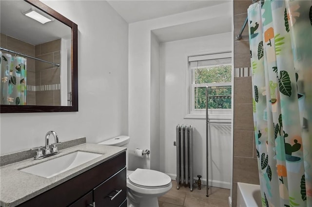 full bathroom featuring radiator, tile patterned flooring, toilet, shower / tub combo with curtain, and vanity