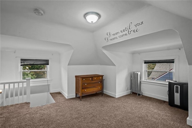 additional living space featuring lofted ceiling, radiator heating unit, and carpet floors