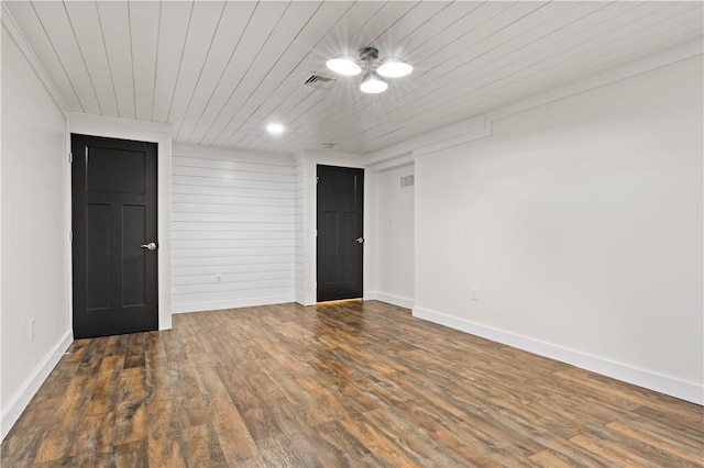 empty room featuring wood ceiling, wood walls, and dark wood-type flooring