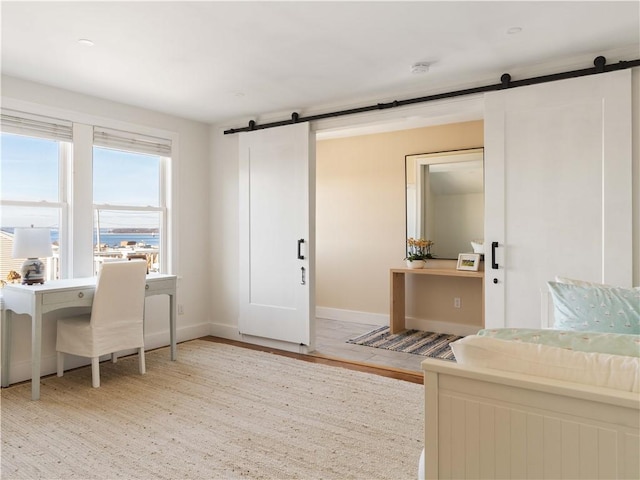 interior space featuring a barn door and light hardwood / wood-style floors