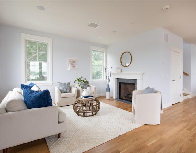 living room featuring a healthy amount of sunlight and light hardwood / wood-style floors