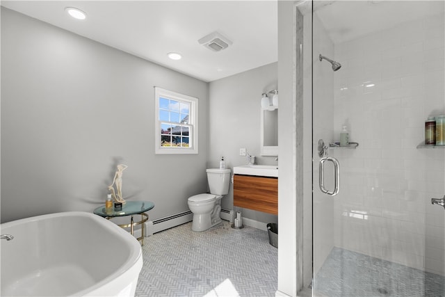 full bathroom with shower with separate bathtub, tile patterned flooring, toilet, a baseboard radiator, and vanity