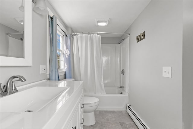 full bathroom featuring shower / bathtub combination with curtain, vanity, and toilet