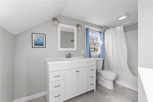 full bathroom featuring toilet, lofted ceiling, vanity, and shower / bath combo