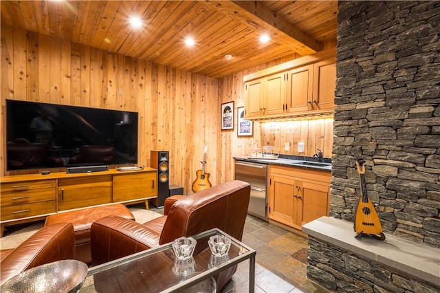 living area featuring wooden ceiling, wooden walls, wet bar, and beamed ceiling