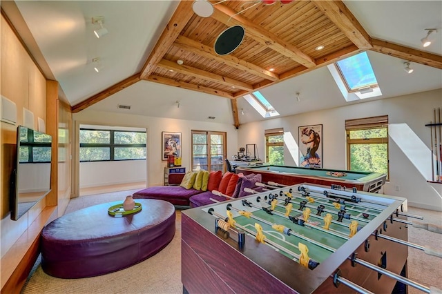 playroom with billiards, baseboards, visible vents, lofted ceiling with skylight, and carpet