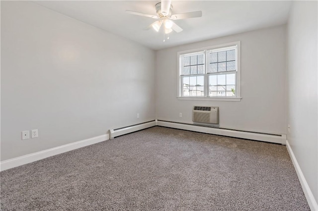 spare room featuring carpet, ceiling fan, a baseboard radiator, and a wall mounted AC