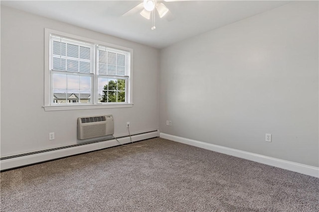 unfurnished room featuring baseboard heating, ceiling fan, carpet, and a wall mounted air conditioner