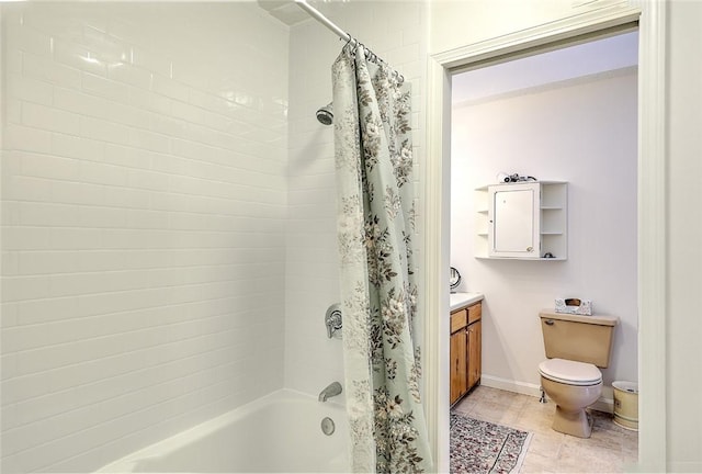 full bathroom with toilet, shower / bathtub combination with curtain, and vanity