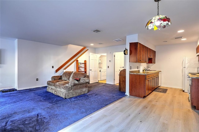 living room featuring light hardwood / wood-style floors and sink