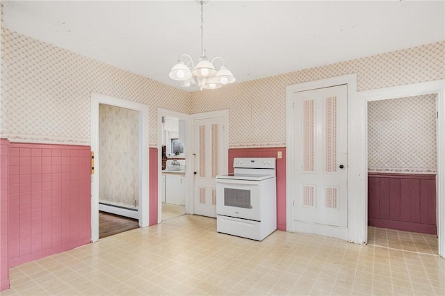 kitchen with baseboard heating, electric range, a chandelier, and pendant lighting