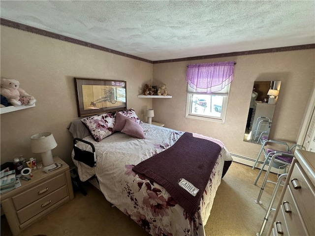 carpeted bedroom with a baseboard radiator, ornamental molding, and a textured ceiling