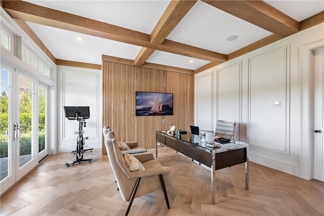 office space with beamed ceiling, french doors, coffered ceiling, and light parquet flooring