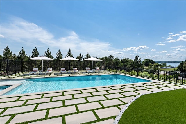 view of pool with a water view and a patio