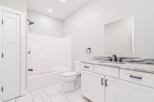 full bathroom featuring shower / washtub combination, vanity, and toilet