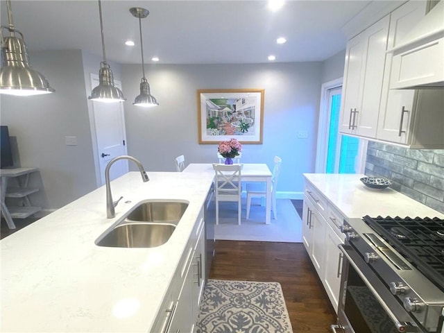 kitchen featuring white cabinetry, sink, backsplash, high end range, and custom exhaust hood