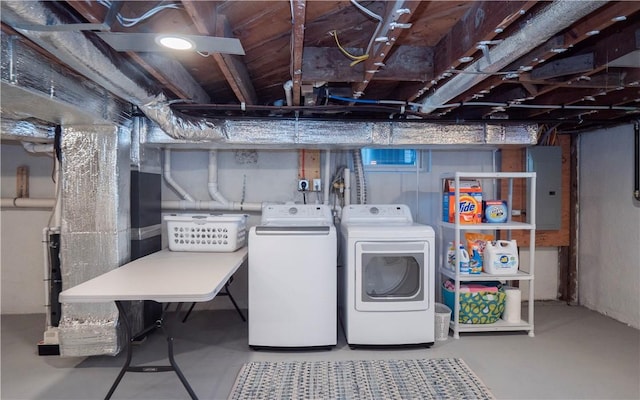 laundry area with electric panel and washer and clothes dryer