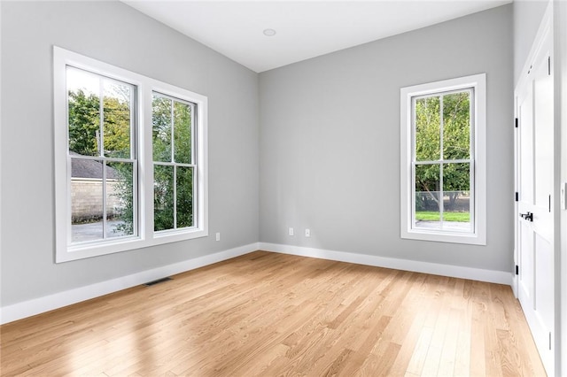 empty room with plenty of natural light and light hardwood / wood-style floors