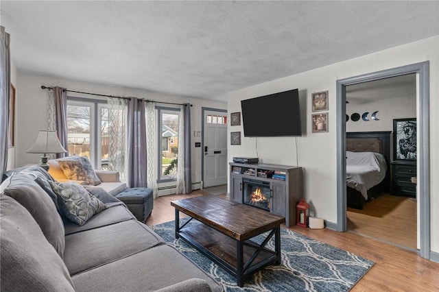 living room with a fireplace, hardwood / wood-style floors, and a textured ceiling