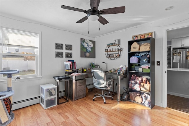 home office with ceiling fan, light hardwood / wood-style floors, and a baseboard radiator