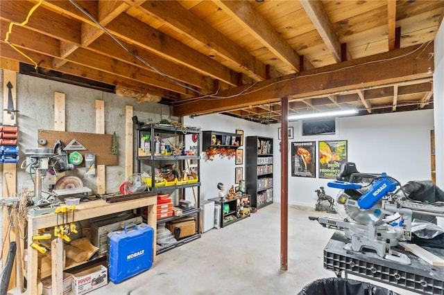 basement with a workshop area