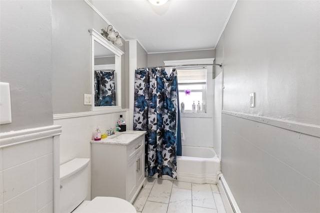 full bathroom featuring shower / bathtub combination with curtain, a baseboard heating unit, crown molding, toilet, and vanity