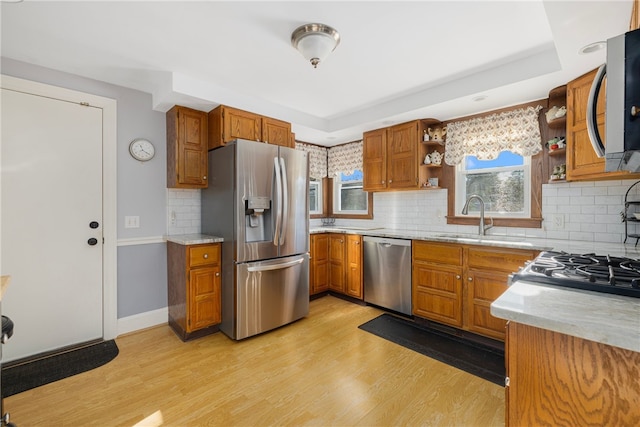 kitchen featuring a raised ceiling, sink, light hardwood / wood-style flooring, tasteful backsplash, and stainless steel appliances