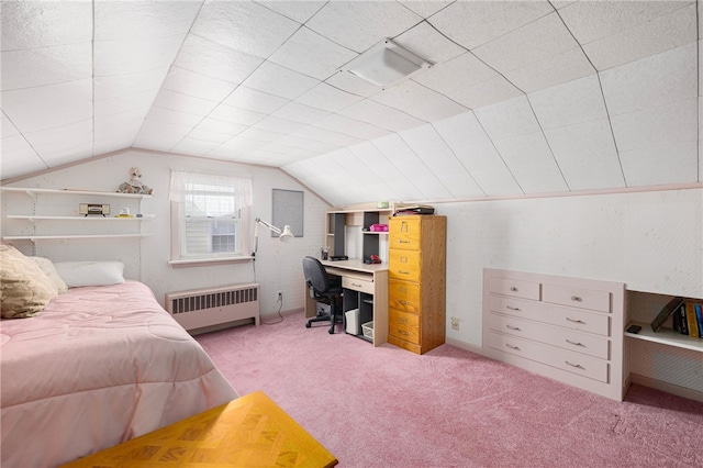 bedroom with light colored carpet, radiator, and lofted ceiling