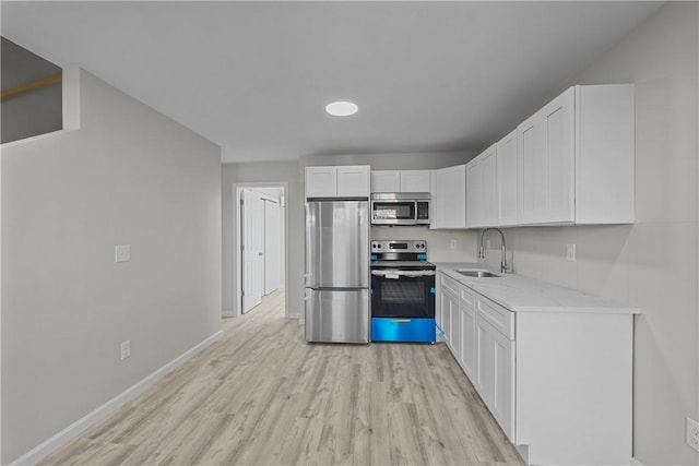 kitchen featuring sink, stainless steel appliances, light stone counters, white cabinets, and light wood-type flooring