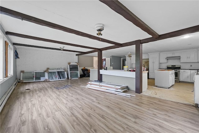 unfurnished living room featuring beamed ceiling, brick wall, a baseboard radiator, and light hardwood / wood-style floors