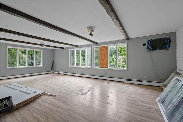 interior space featuring beamed ceiling, ceiling fan, light hardwood / wood-style floors, and baseboard heating