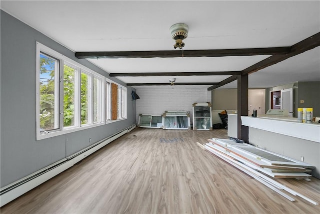 unfurnished living room featuring hardwood / wood-style floors, beamed ceiling, a baseboard radiator, and brick wall