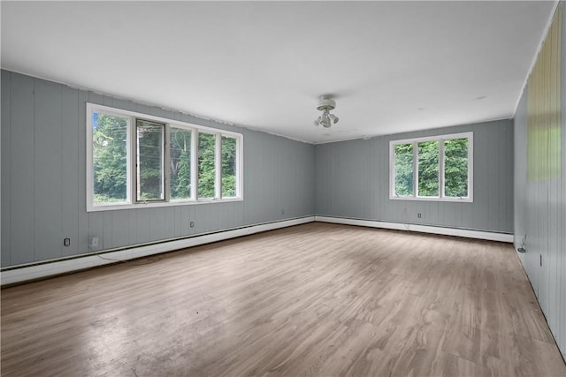 unfurnished room with light hardwood / wood-style floors, baseboard heating, and wooden walls