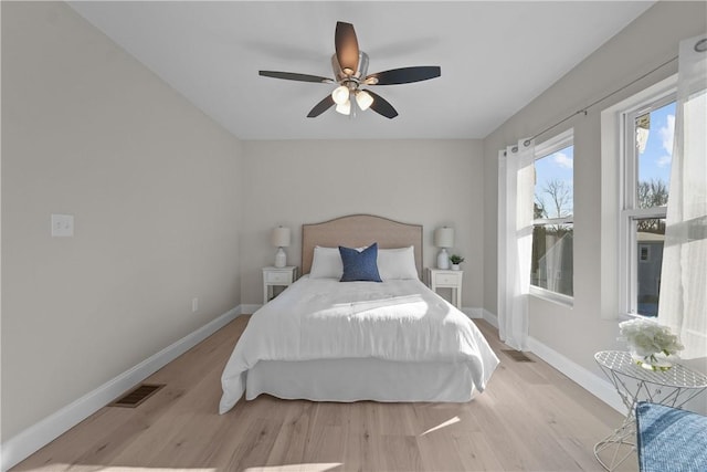 bedroom featuring ceiling fan and light hardwood / wood-style flooring